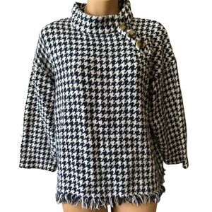 Zara Navy Blue/White Houndstooth Turtleneck Sweater w/ Buttons and Fringe Hem